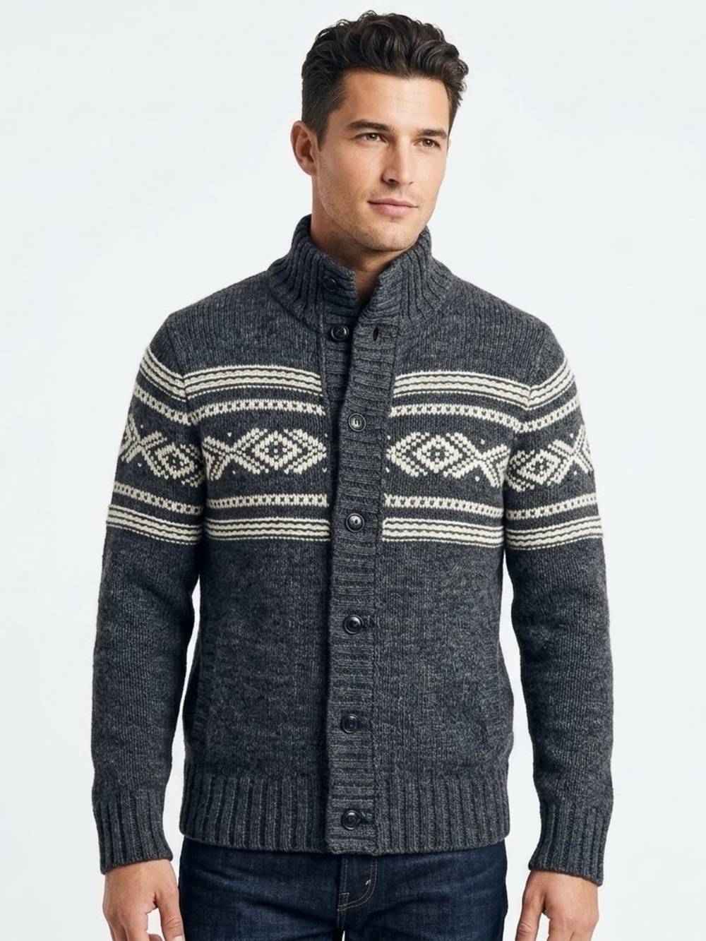 American Eagle Mens Large Fair Isle Mock Neck Button Cardigan Knit Sweater